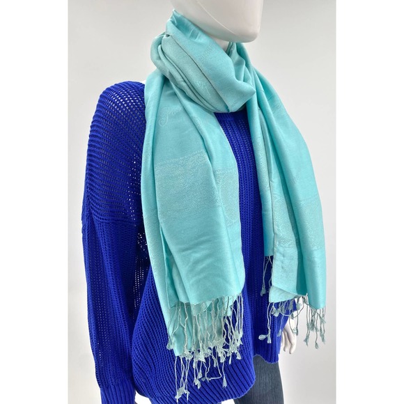 NWT Pashmina Silk Blend Aqua Blue Shawl - Picture 4 of 4